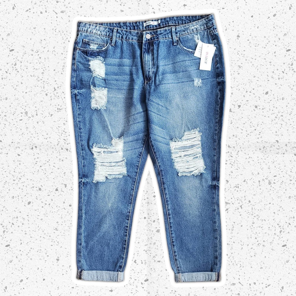 JUSTFAB Distressed Ankle Cropped Medium Washed Denim Jeans Sz 34 NWT